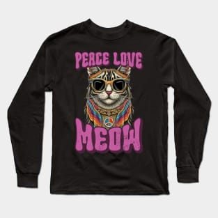 Peace Love Meow, Retro Groovy Style Hippie Cat Lover Design Long Sleeve T-Shirt